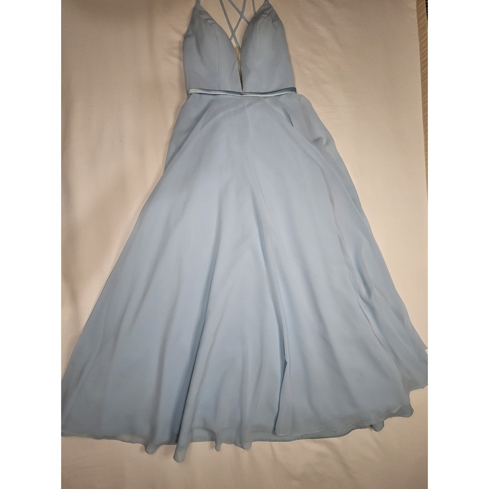 Christina Wu Celebration Light Blue Chiffon V-Neck Strappy Back Maxi Dress SZ 6